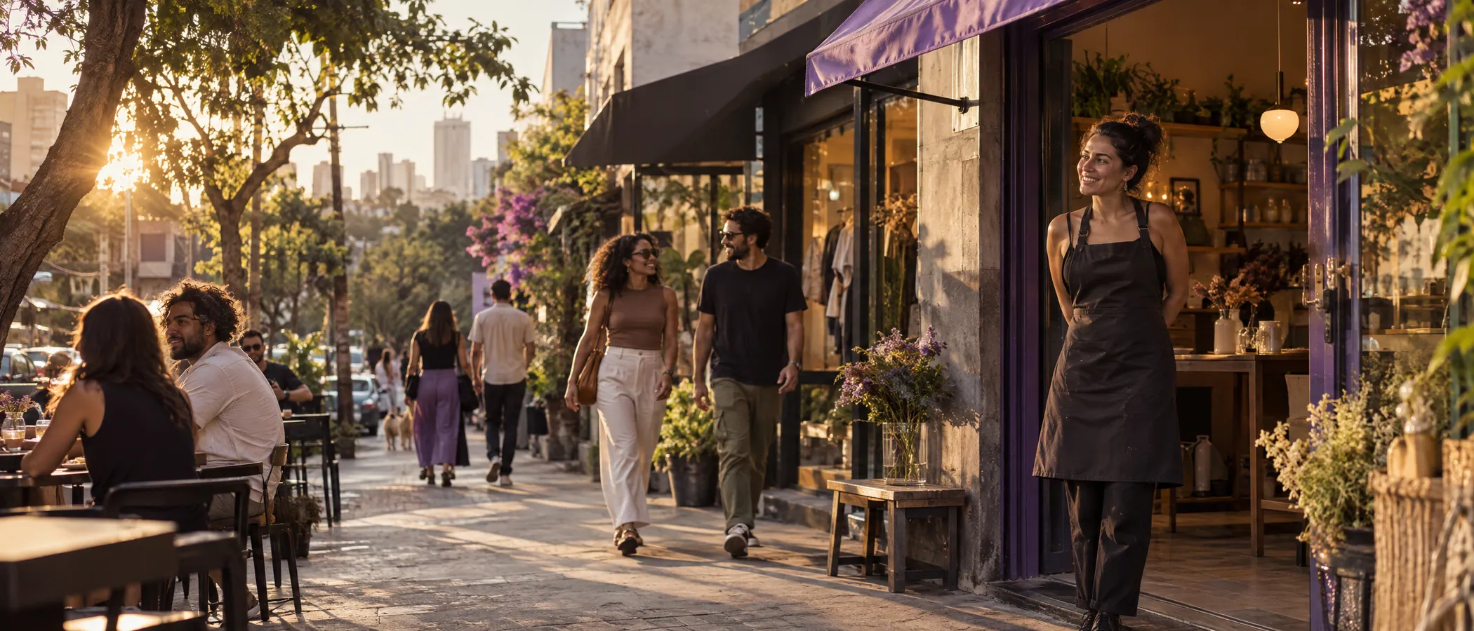 Rua movimentada de São Paulo com pequenos comércios ao entardecer