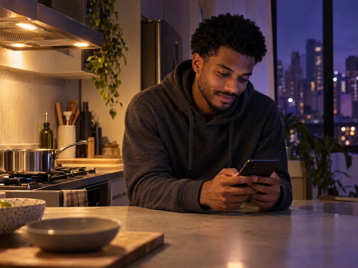Tarde da noite, um jovem paga pelo celular na cozinha