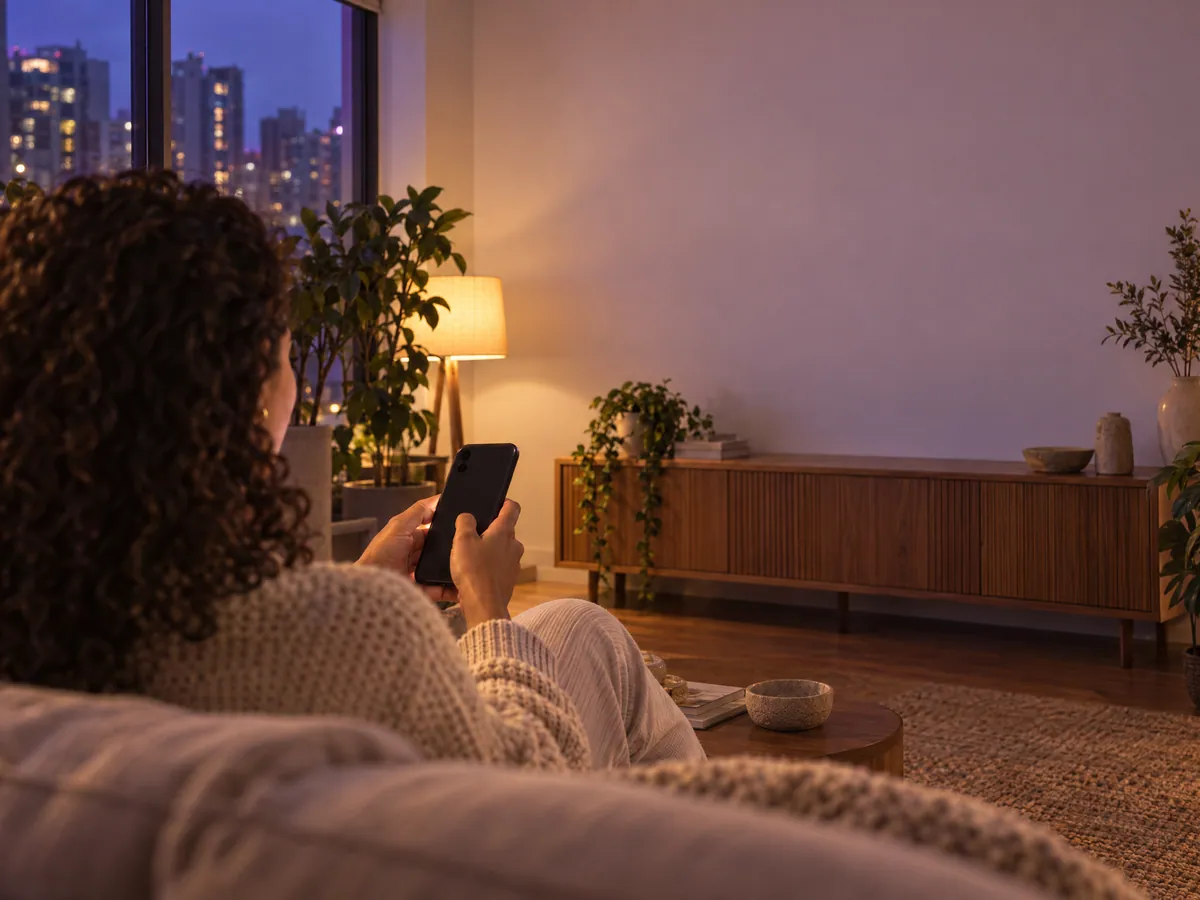 Maria na sala, à noite, prestes a comprar uma fotografia pelo celular