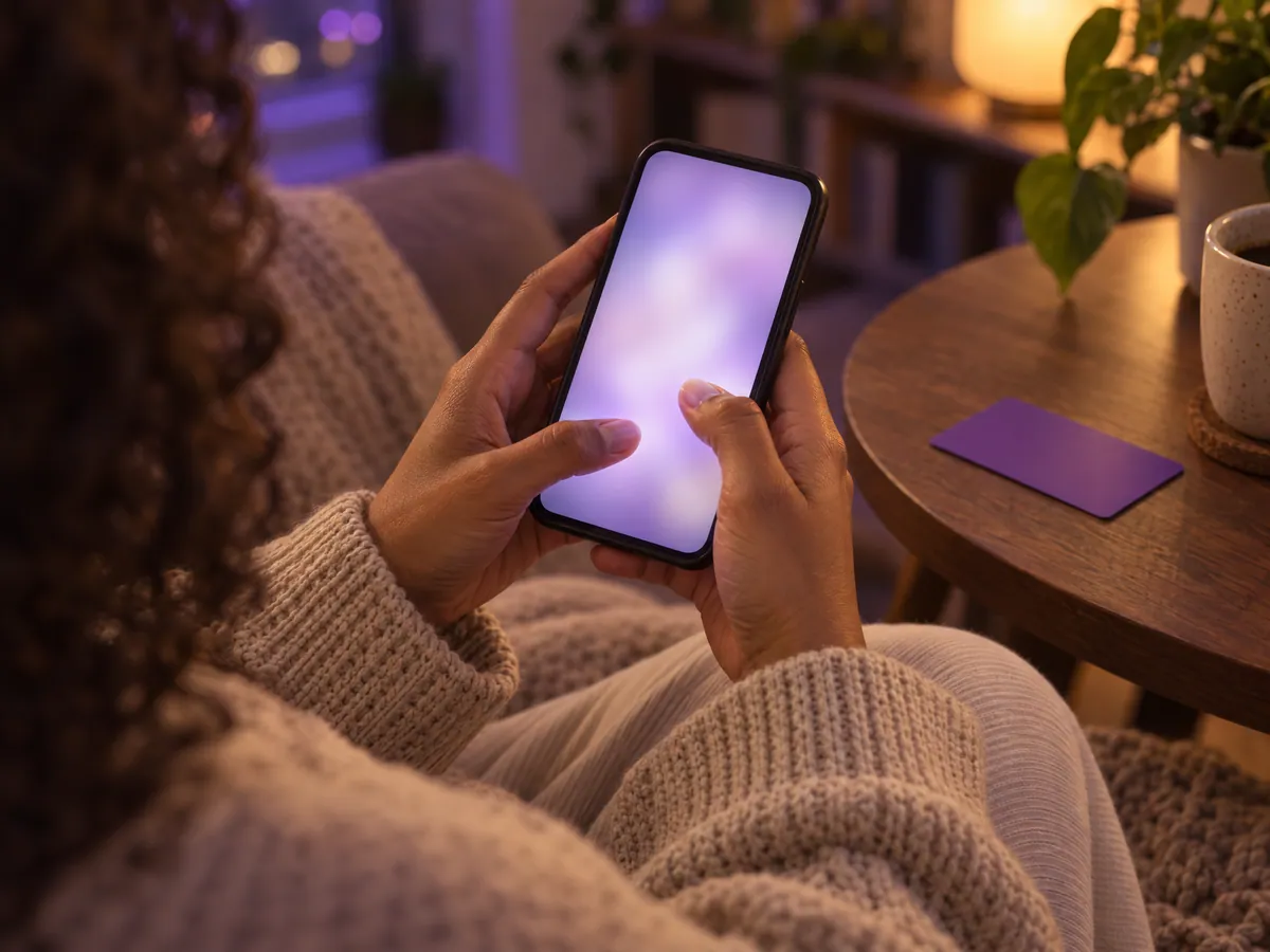 Close das mãos segurando o celular, polegar prestes a tocar