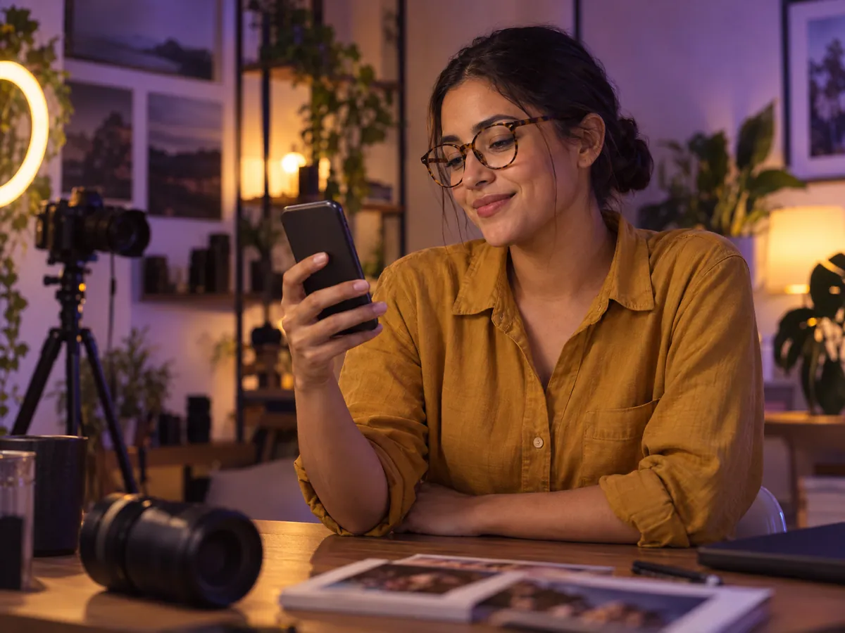 A fotógrafa sorri ao ver a notificação de venda no celular
