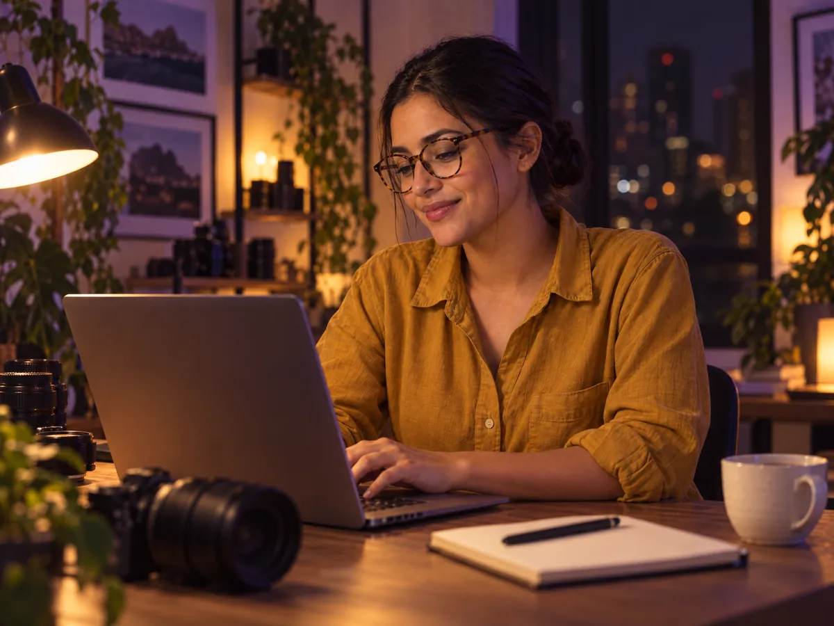 Tarde da noite, a fotógrafa confere as vendas no notebook, na mesa do estúdio