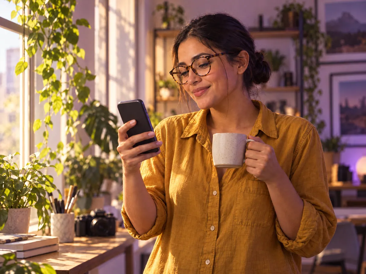 Na luz da manhã, a fotógrafa confere o celular com um café