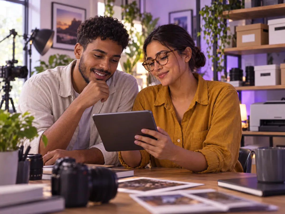 A fotógrafa e o assistente revisam os pedidos em um tablet