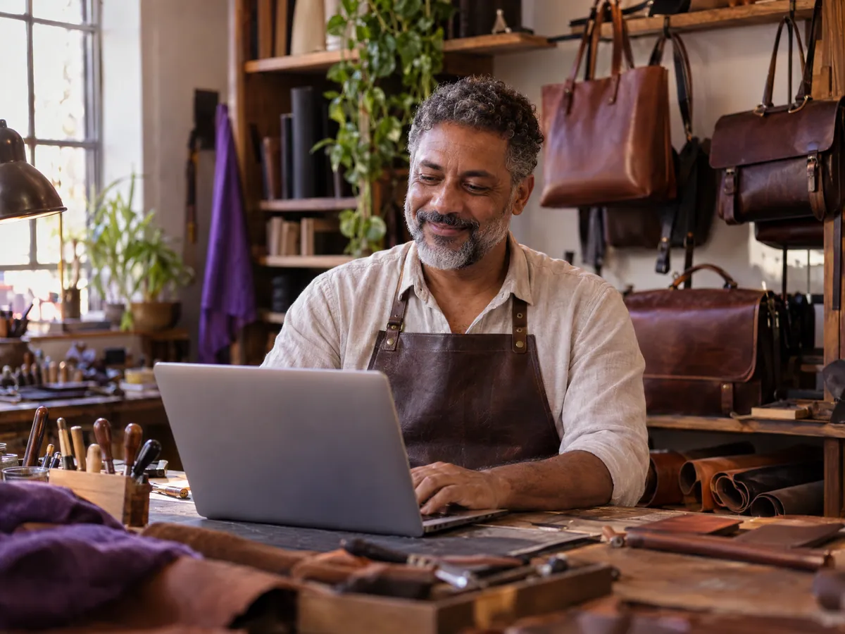Artesão sorri para o notebook na oficina de couro